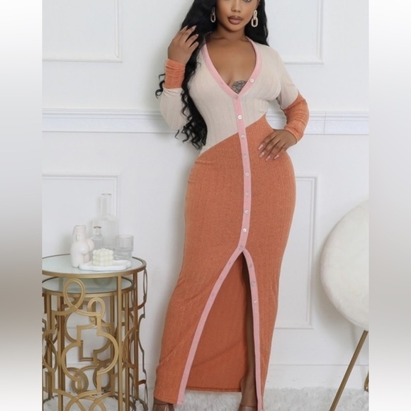 #321 Rust/taupe/pink button down dress - Picture 3 of 3